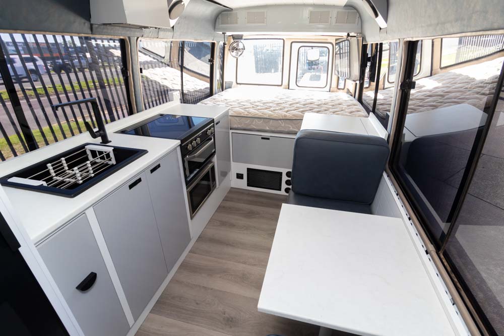 view to the rear inside the Custom Mitsubishi Rosa Motorhome