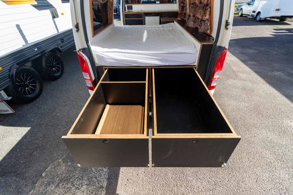 Large drawers at the rear of the Toyota Hiace Campervan