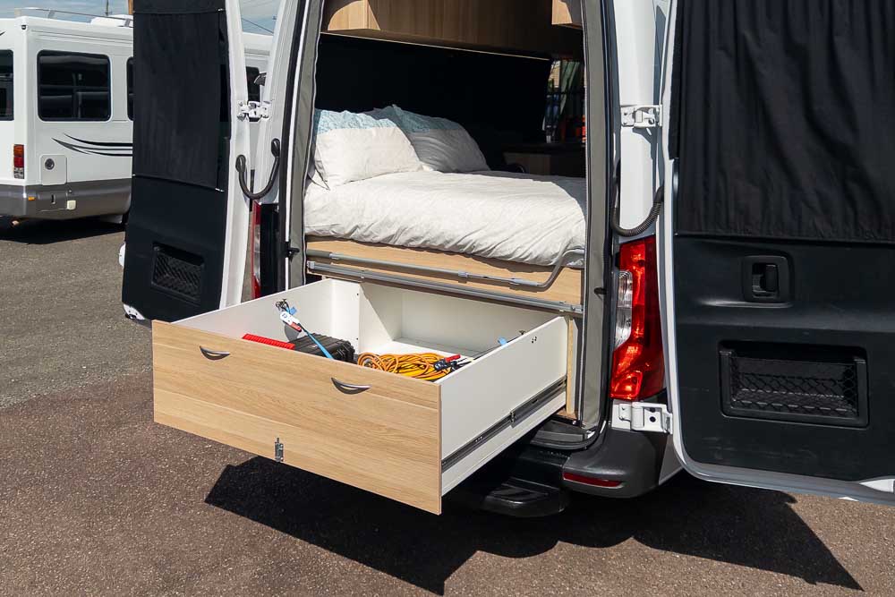 Large storage drawer at the rear of the 2 Berth Mercedes-Benz Campervan