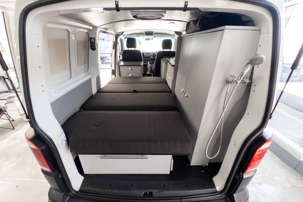 Lounge to bed conversion in the VW Transporter Campervan
